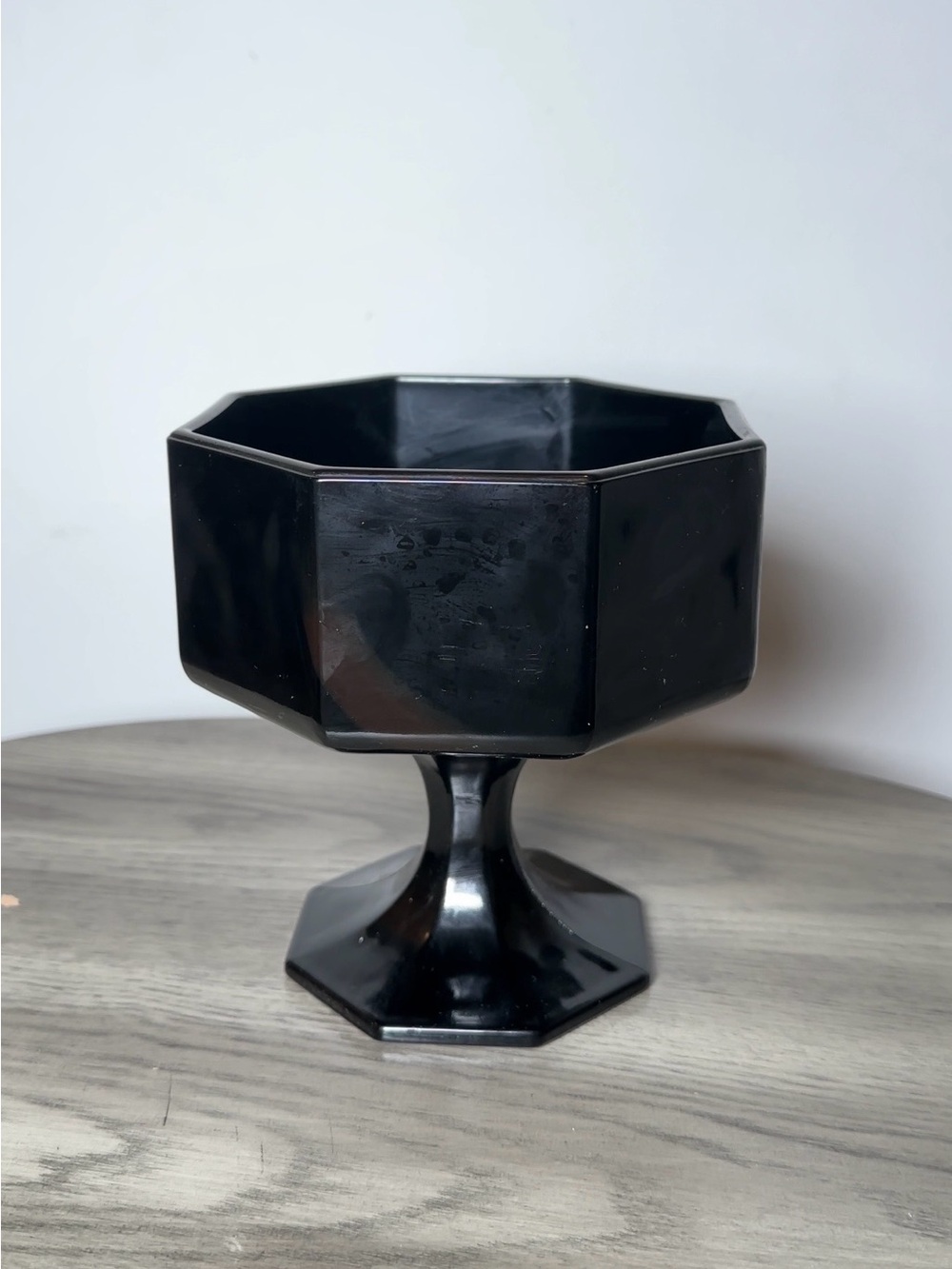 Vintage Black Ebony Glass Pedestal Octagon Candy Dish Compote Decor Planter